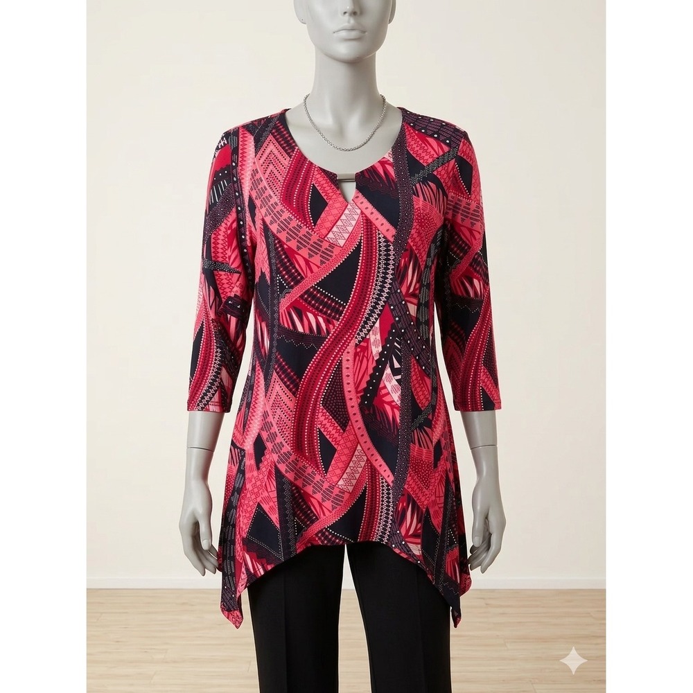 Cato Woman Pink Geometric Print Sharkbite Tunic Top 18/20W 3/4 Sleeve Boho